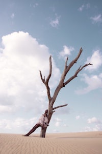 a woman sitting on a dead tree in the sand